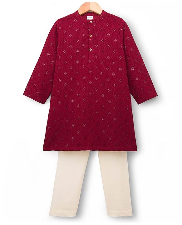 Babyhug Cotton Blend Woven Full Sleeves Kurta Pyjama Set With Sequin & Embroidery Detailing - Maroon