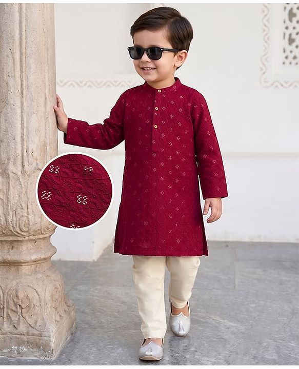 Babyhug Cotton Blend Woven Full Sleeves Kurta Pyjama Set With Sequin & Embroidery Detailing - Maroon