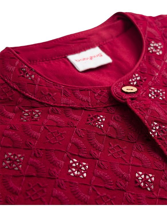 Babyhug Cotton Blend Woven Full Sleeves Kurta Pyjama Set With Sequin & Embroidery Detailing - Maroon