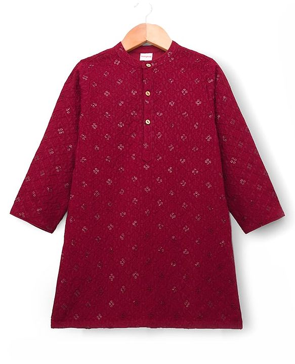 Babyhug Cotton Blend Woven Full Sleeves Kurta Pyjama Set With Sequin & Embroidery Detailing - Maroon