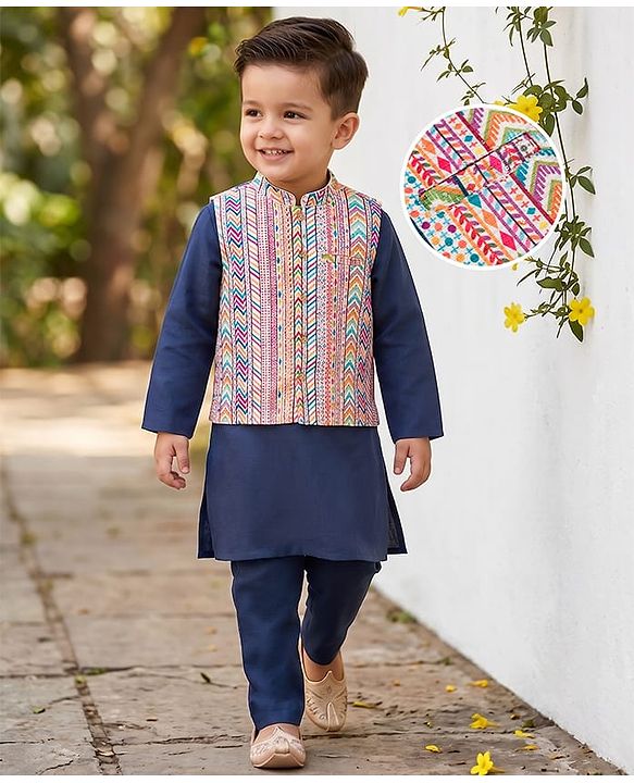 Babyhug Cotton Blend Woven Full Sleeves Kurta Pyjama Set With Sequinned & Printed Jacket - Navy Blue