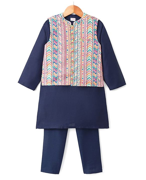 Babyhug Cotton Blend Woven Full Sleeves Kurta Pyjama Set With Sequinned & Printed Jacket - Navy Blue