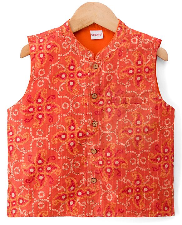 Babyhug Cotton Blend Woven Full Sleeves Kurta Pyjama Set With Sequinned & Printed Jacket - Mustard