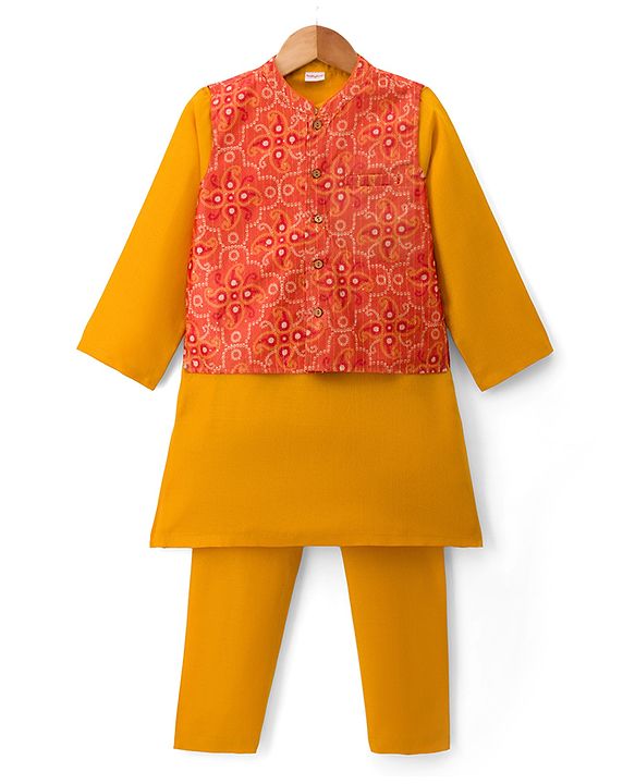 Babyhug Cotton Blend Woven Full Sleeves Kurta Pyjama Set With Sequinned & Printed Jacket - Mustard