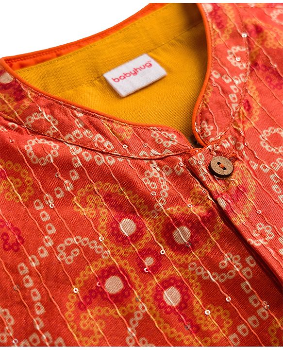 Babyhug Cotton Blend Woven Full Sleeves Kurta Pyjama Set With Sequinned & Printed Jacket - Mustard