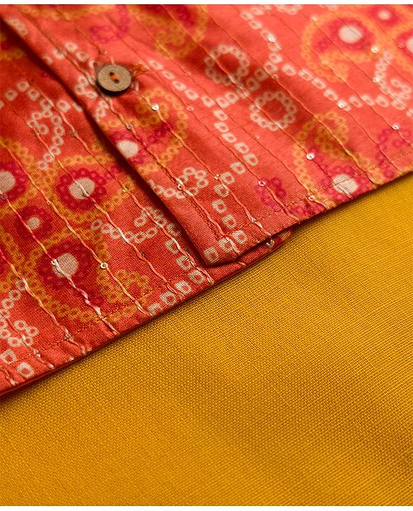 Babyhug Cotton Blend Woven Full Sleeves Kurta Pyjama Set With Sequinned & Printed Jacket - Mustard
