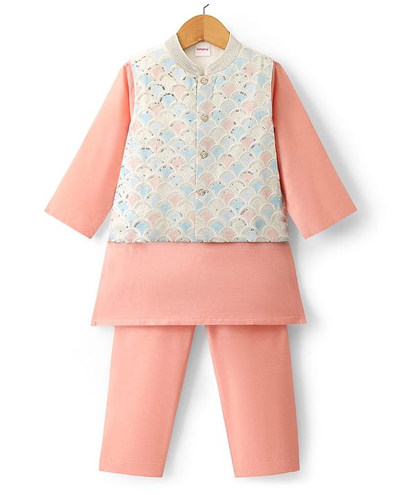 Babyhug Cotton Blend Woven Full Sleeves Kurta Pyjama Set with Embroidered Nehru Jacket - Peach