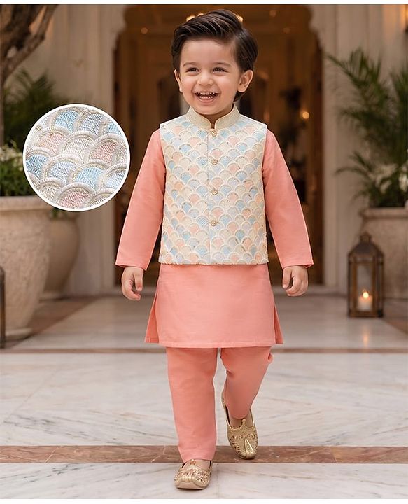 Babyhug Cotton Blend Woven Full Sleeves Kurta Pyjama Set with Embroidered Nehru Jacket - Peach