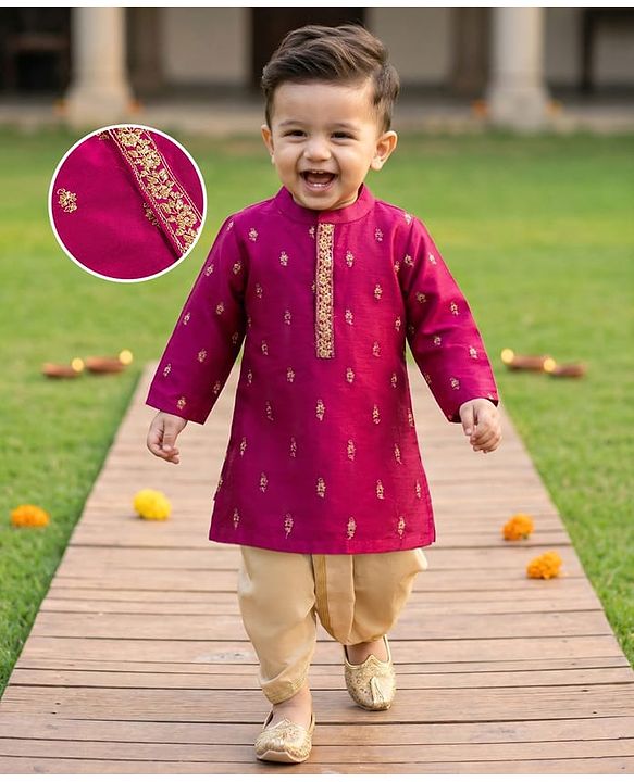 Babyhug Woven Full Sleeves Kurta Dhoti Set with Embroidery - Wine