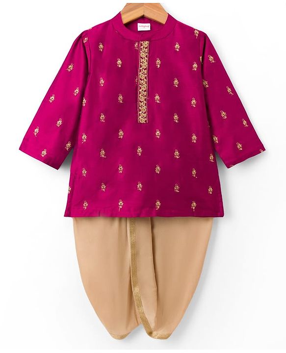 Babyhug Woven Full Sleeves Kurta Dhoti Set with Embroidery - Wine