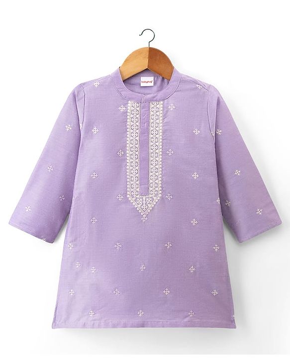 Babyhug Cotton Blend Woven Full Sleeves Floral Embroidered Kurta & Pyjama Set - Lavender