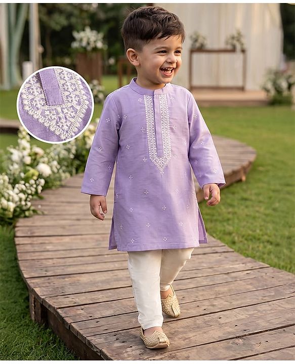 Babyhug Cotton Blend Woven Full Sleeves Floral Embroidered Kurta & Pyjama Set - Lavender