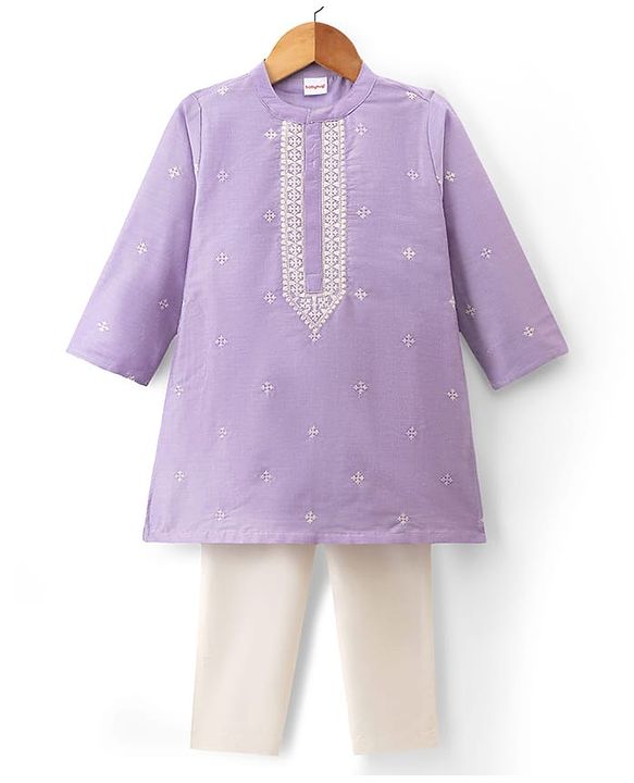 Babyhug Cotton Blend Woven Full Sleeves Floral Embroidered Kurta & Pyjama Set - Lavender