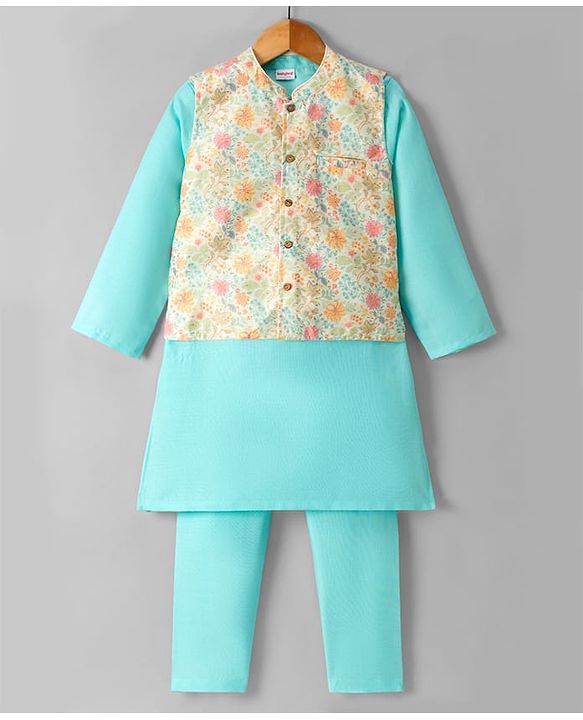 Babyhug Cotton Blend Woven Full Sleeves Kurta Pyjama Set With Floral Printed Jacket - Blue