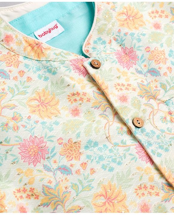 Babyhug Cotton Blend Woven Full Sleeves Kurta Pyjama Set With Floral Printed Jacket - Blue