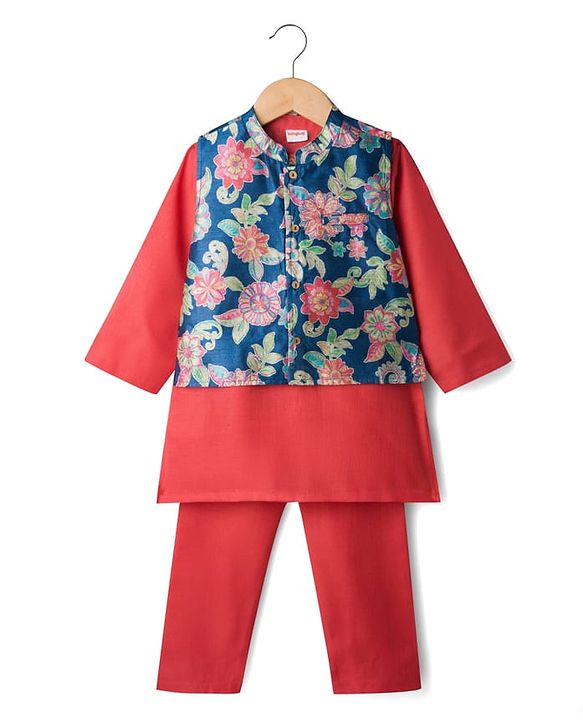 Babyhug Cotton Blend Woven Full Sleeves Kurta Pyjama Set With Floral Printed Jacket - Red