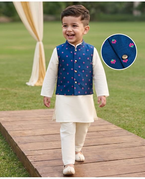 Babyhug Cotton Blend Woven Full Sleeves Solid Kurta Pyjama Set With Embroidered Jacket - Offwhite