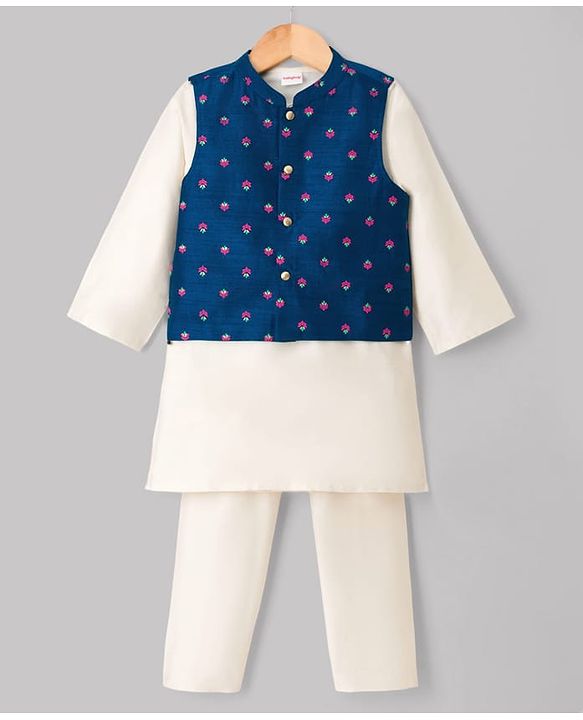 Babyhug Cotton Blend Woven Full Sleeves Solid Kurta Pyjama Set With Embroidered Jacket - Offwhite