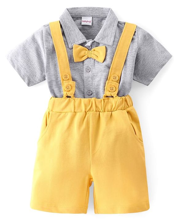 Babyhug Single Jersey Knit Half Sleeves Solid Shirt & Shorts Set With Bow Applique & Attached Suspender - Grey & Yellow