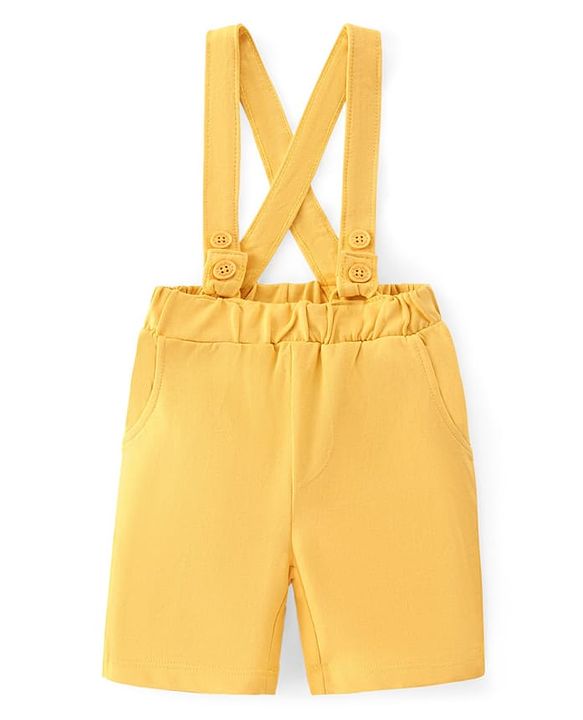 Babyhug Single Jersey Knit Half Sleeves Solid Shirt & Shorts Set With Bow Applique & Attached Suspender - Grey & Yellow