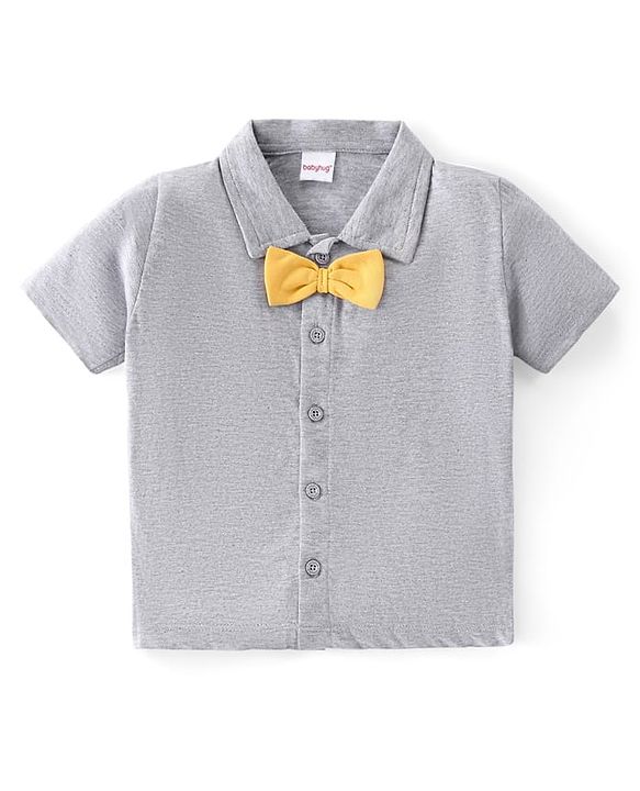 Babyhug Single Jersey Knit Half Sleeves Solid Shirt & Shorts Set With Bow Applique & Attached Suspender - Grey & Yellow