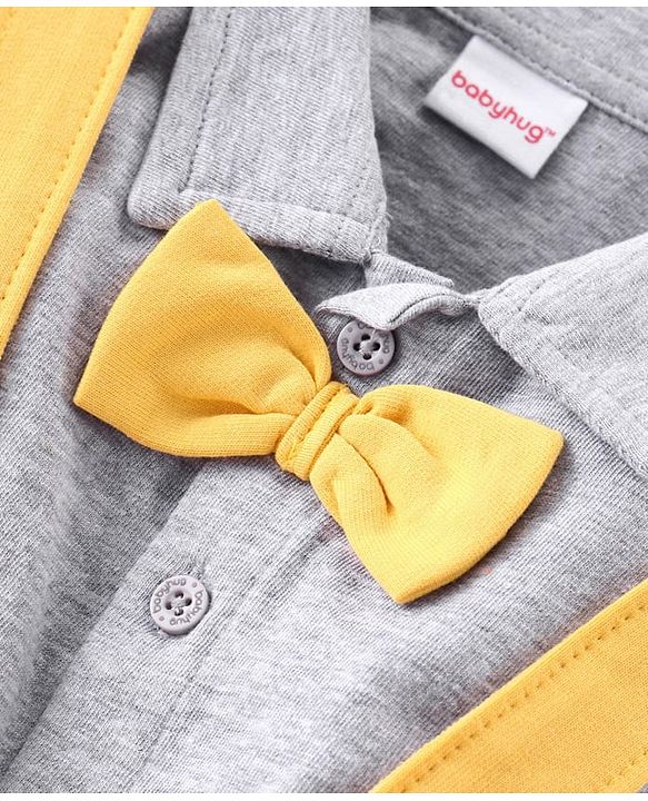 Babyhug Single Jersey Knit Half Sleeves Solid Shirt & Shorts Set With Bow Applique & Attached Suspender - Grey & Yellow