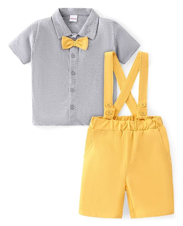 Babyhug Single Jersey Knit Half Sleeves Solid Shirt & Shorts Set With Bow Applique & Attached Suspender - Grey & Yellow