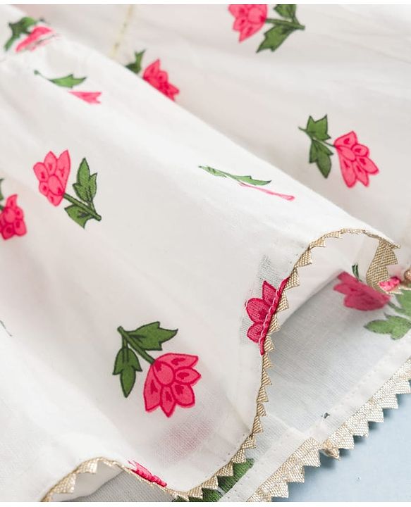 Babyhug Cambric Woven Sleeveless Tiered Ethnic Dress with Floral Print - White