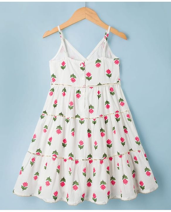 Babyhug Cambric Woven Sleeveless Tiered Ethnic Dress with Floral Print - White