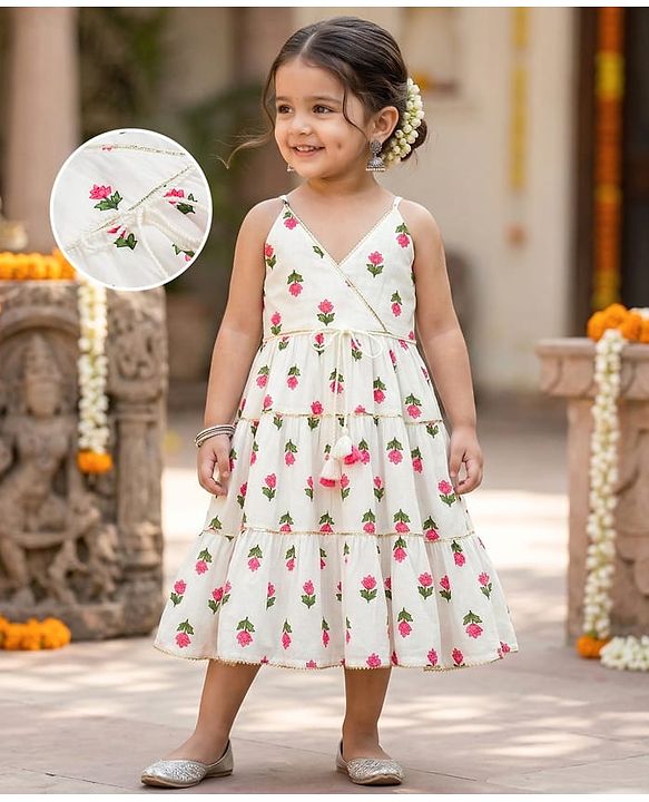 Babyhug Cambric Woven Sleeveless Tiered Ethnic Dress with Floral Print - White