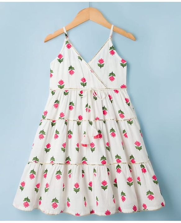 Babyhug Cambric Woven Sleeveless Tiered Ethnic Dress with Floral Print - White