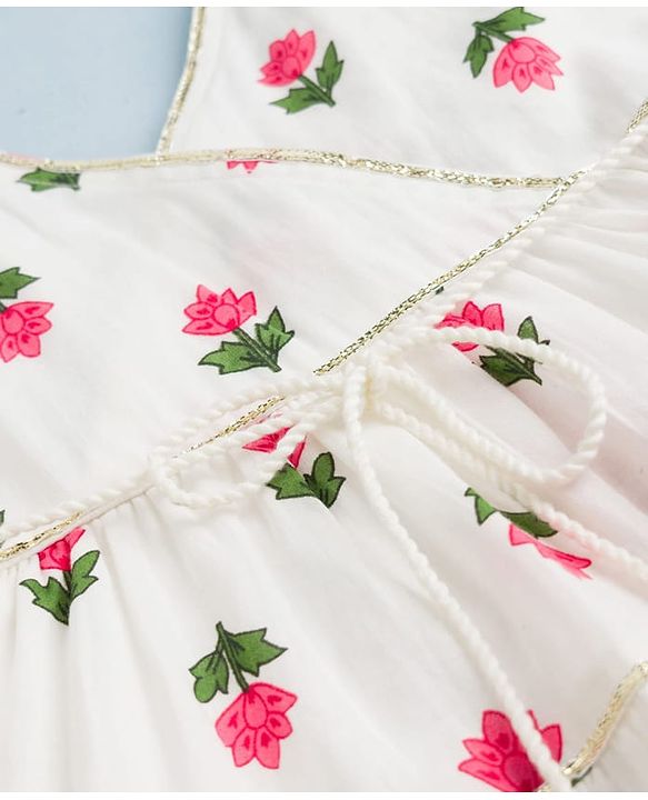 Babyhug Cambric Woven Sleeveless Tiered Ethnic Dress with Floral Print - White