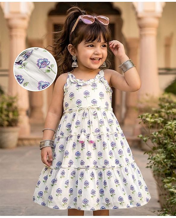 Babyhug Cambric Woven Sleeveless Ethnic Dress With Floral Print - White