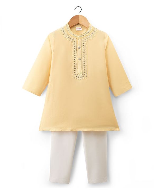 Babyhug Cotton Blend Woven Full Sleeves Embroidered Kurta Pyjama Set - Light Yellow