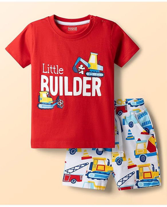 Babyhug Single Jersey Knit Half Sleeves T-Shirt & Shorts Set With Vehicles Print - Red