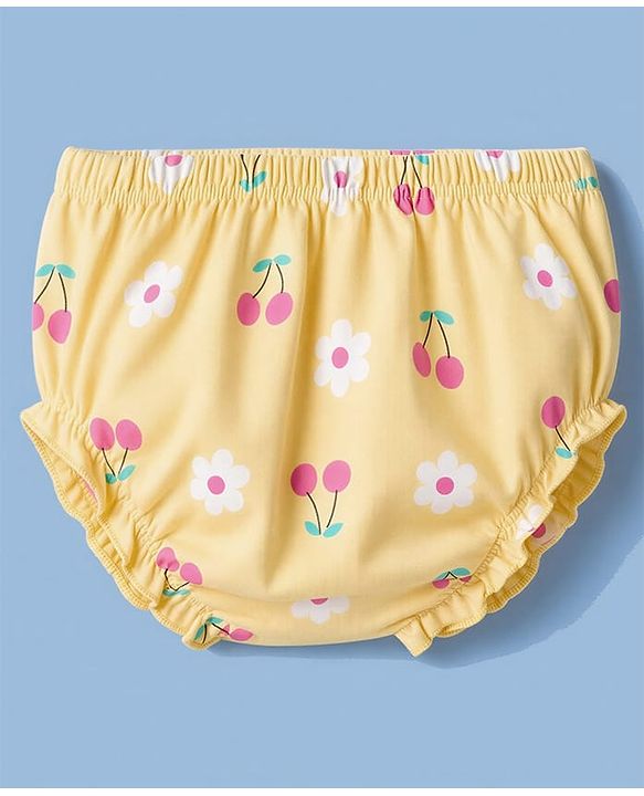 Babyhug 100% Cotton Interlock Knit Half Sleeves Floral & Cherry Printed Frock With Bloomer - Yellow