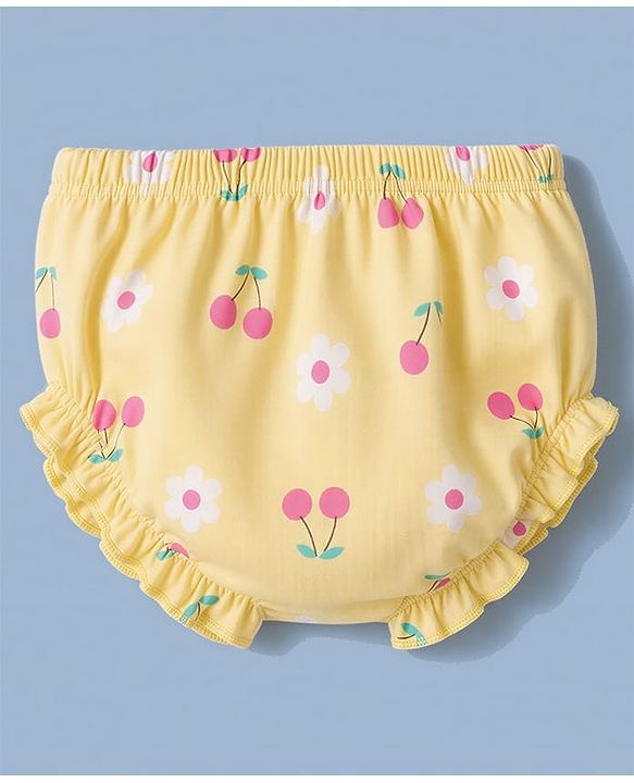 Babyhug 100% Cotton Interlock Knit Half Sleeves Floral & Cherry Printed Frock With Bloomer - Yellow