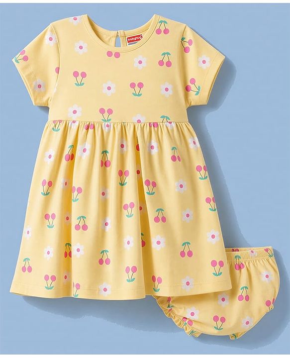 Babyhug 100% Cotton Interlock Knit Half Sleeves Floral & Cherry Printed Frock With Bloomer - Yellow