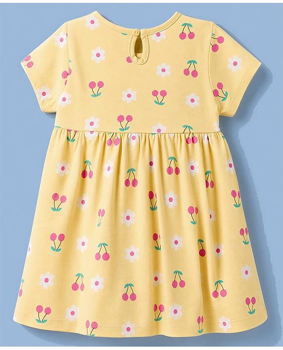Babyhug 100% Cotton Interlock Knit Half Sleeves Floral & Cherry Printed Frock With Bloomer - Yellow