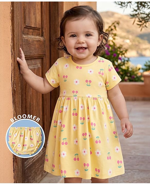 Babyhug 100% Cotton Interlock Knit Half Sleeves Floral & Cherry Printed Frock With Bloomer - Yellow