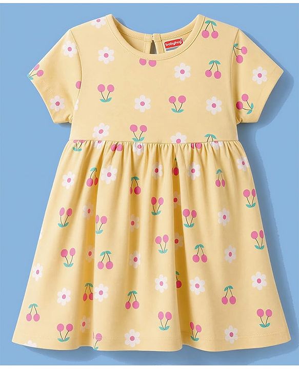 Babyhug 100% Cotton Interlock Knit Half Sleeves Floral & Cherry Printed Frock With Bloomer - Yellow