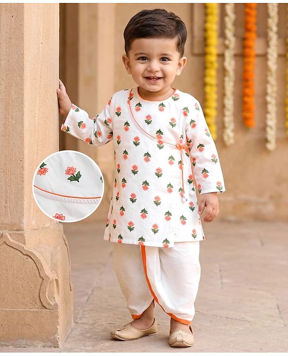 Babyhug Cambric Woven Full Sleeves Floral Printed Kurta Dhoti Set - White