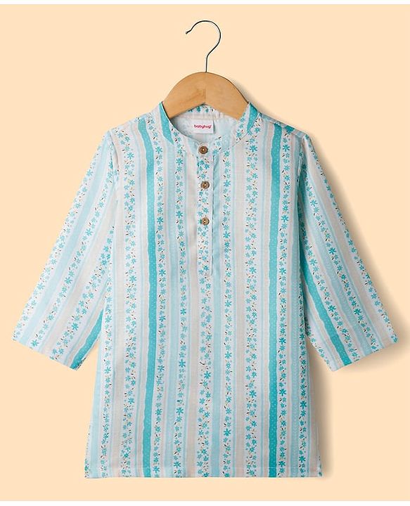 Babyhug Cambric Woven Full Sleeves Kurta Pyjama Set With Floral Print - Light Green