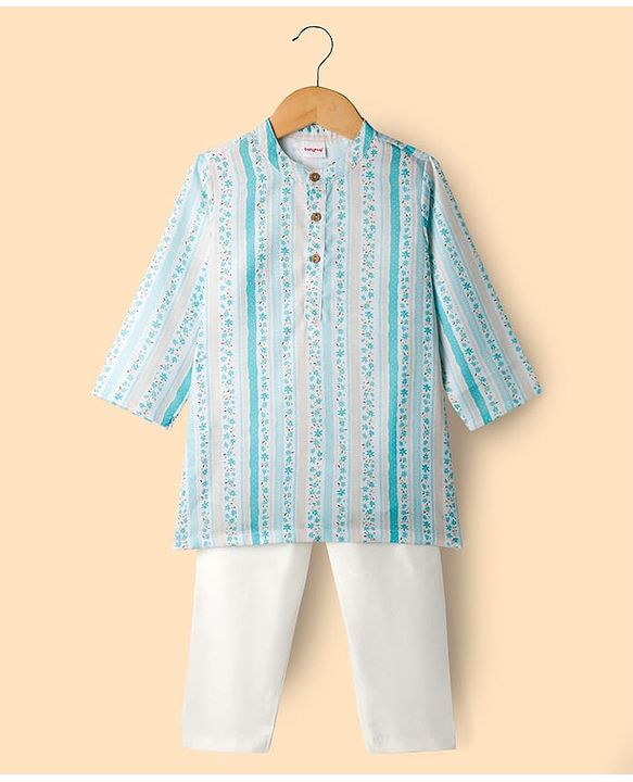 Babyhug Cambric Woven Full Sleeves Kurta Pyjama Set With Floral Print - Light Green