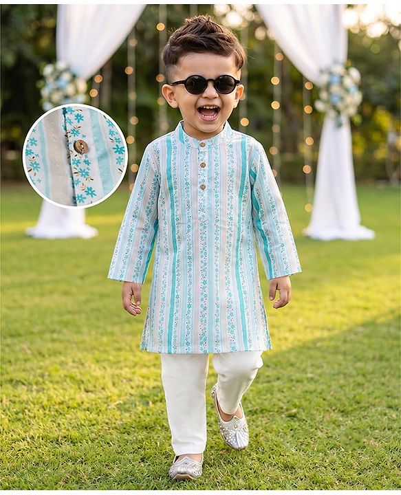 Babyhug Cambric Woven Full Sleeves Kurta Pyjama Set With Floral Print - Light Green