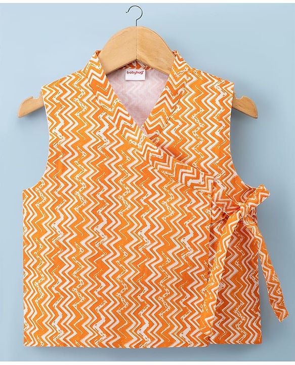 Babyhug Cambric Woven Full Sleeves Kurta Pyjama Set with Printed Nehru Jacket - Orange