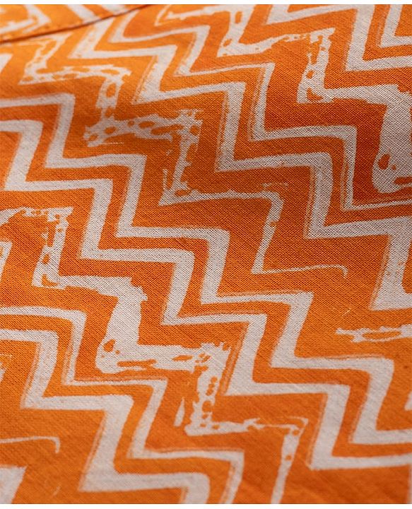 Babyhug Cambric Woven Full Sleeves Kurta Pyjama Set with Printed Nehru Jacket - Orange