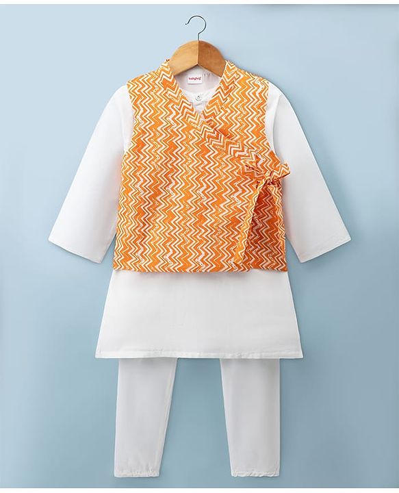 Babyhug Cambric Woven Full Sleeves Kurta Pyjama Set with Printed Nehru Jacket - Orange