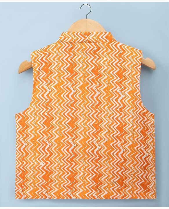 Babyhug Cambric Woven Full Sleeves Kurta Pyjama Set with Printed Nehru Jacket - Orange