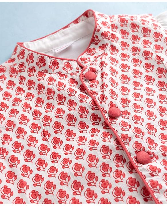 Babyhug 100% Cotton Cambric Woven Full Sleeves Kurta Pyjama Set with Floral Printed Nehru Jacket - Red